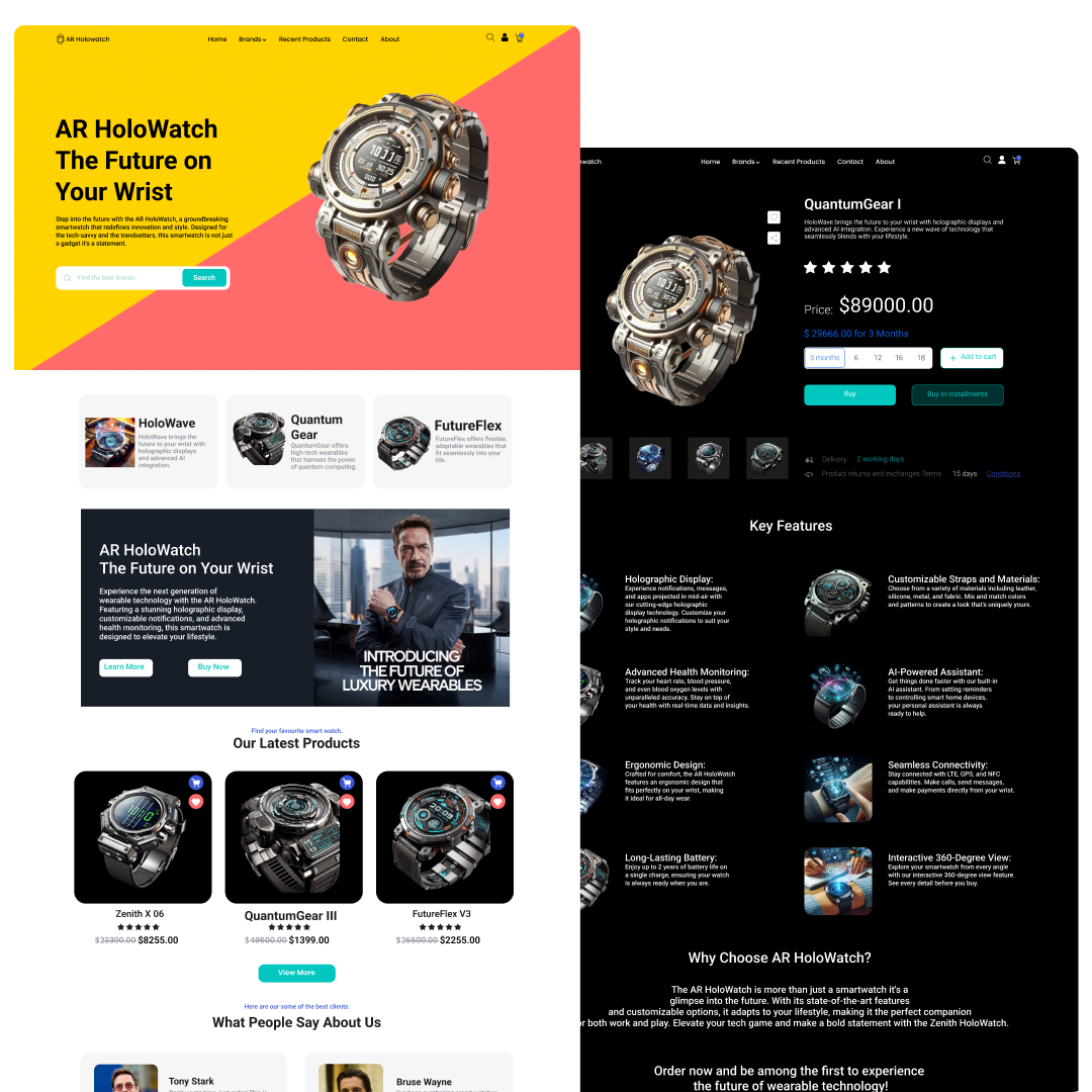 AR HoloWatch smartwatch e-commerce UI — home, product listing and detail