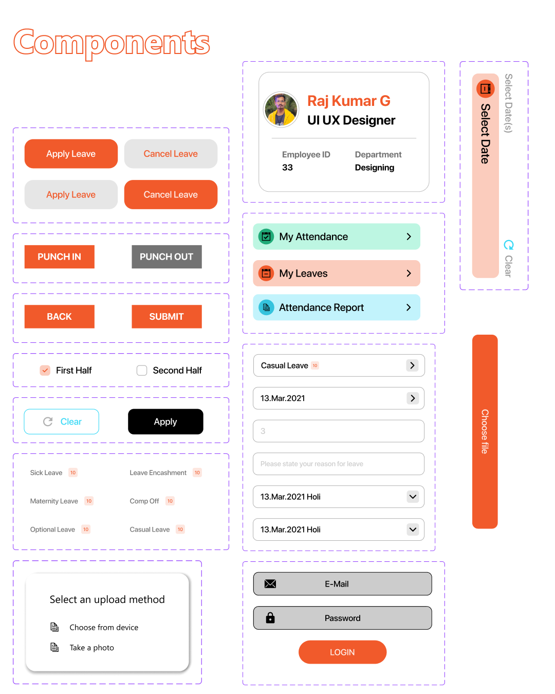 PulseHRM component library — buttons, cards, list items and form fields