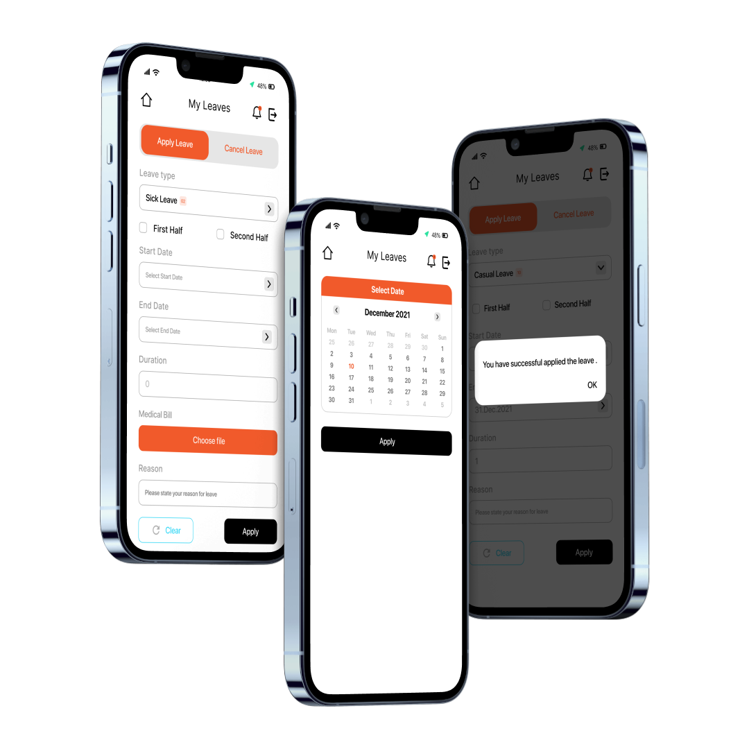 PulseHRM leave application flow — apply leave form, date picker, and success confirmation
