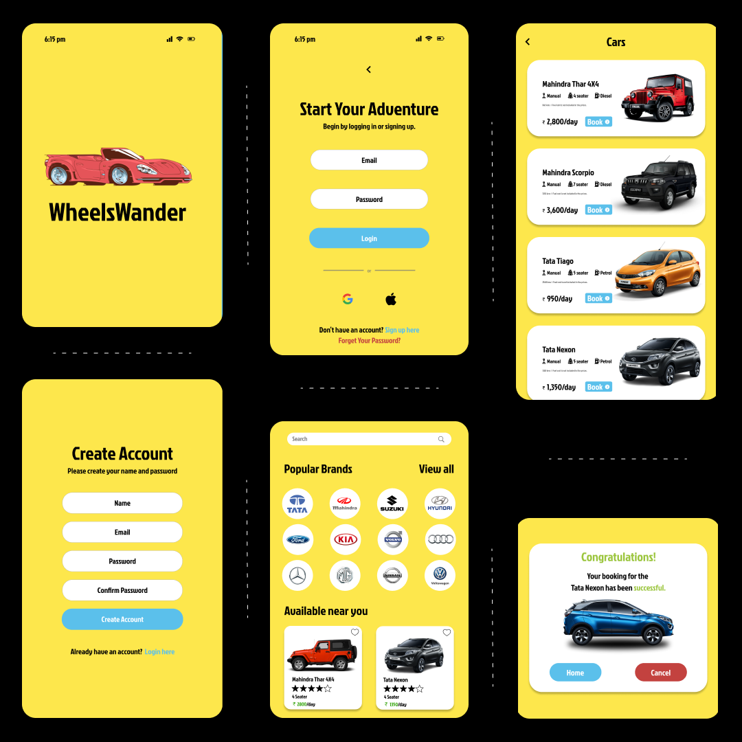 Wheels Wander app screens — splash, login, car list with pricing, home and booking confirmation