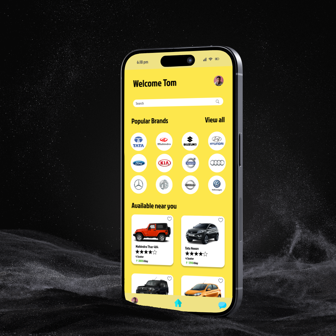 Wheels Wander car-rental app — browse cars by brand and availability